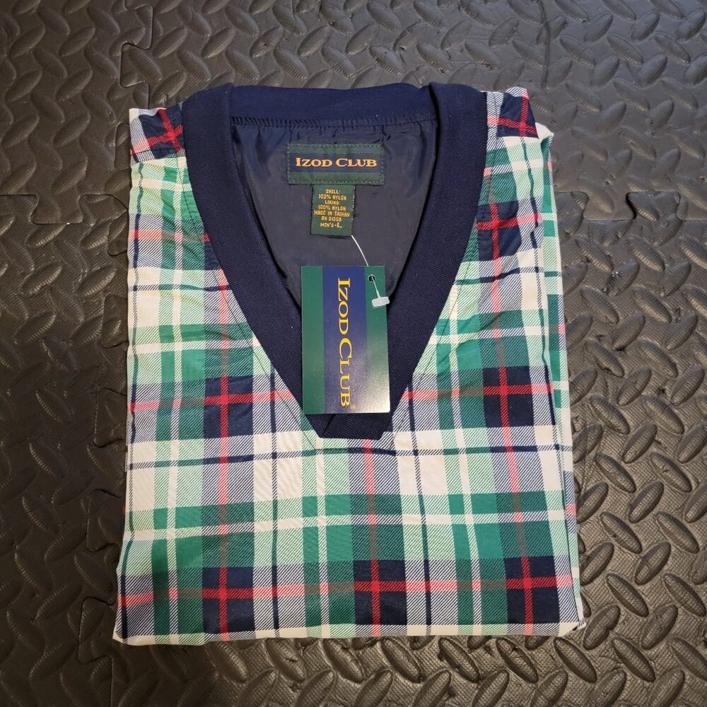 Vintage Men's Nylon Windbreaker by Izod, Plaid, Pullover V Neck, Lined, NOS, L